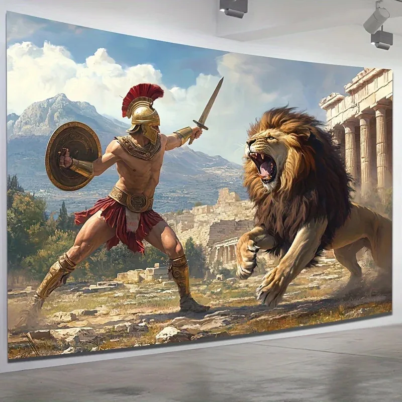 VIKAMA Greek Warrior Tapestry Featuring Epic Lion Battle Perfect Wall Decor for Bedroom Dorm and Living Room Elevate Your Space