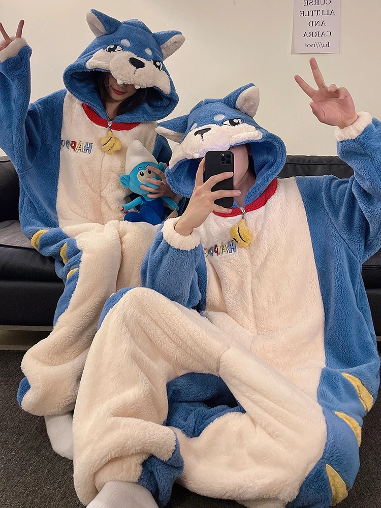 

DAIMELU animal couple pajamas women's winter coral fleece flannel cartoon men's sleepwear set plus size loungewear suit female