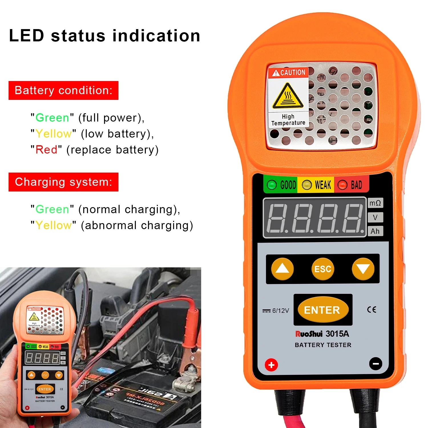 RuoShui 3015A Automotive Battery Tester Charge System Test Battery Work Load Internal Resistance 12V Lead-Acid Car Power Tool