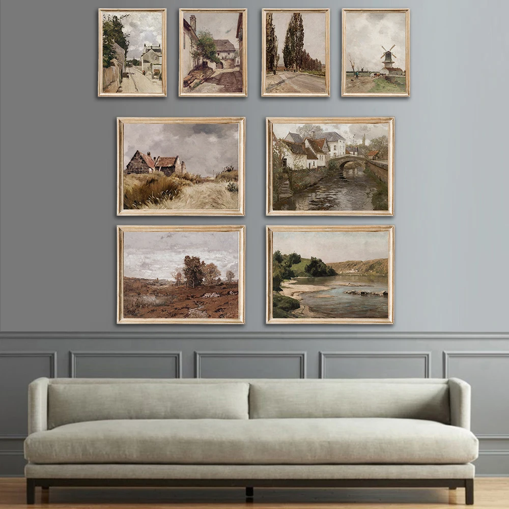 Nordic Vintage Olieverfschilderij Landelijk Landschap Print Schilderij Wildernis Sky En Windmolen Landschap Foto Voor Thuis Decoraties