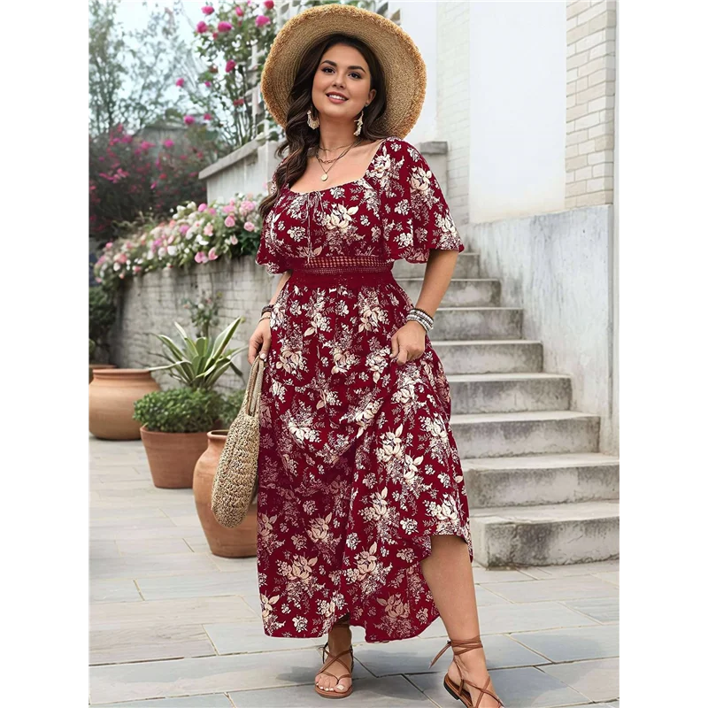 CGS-สตรีแขนสั้นชุดดอกไม้สําหรับผู้หญิงสแควร์คอลูกไม้Cutoutตาไก่VINTAGE Boho Maxiยาว 2025