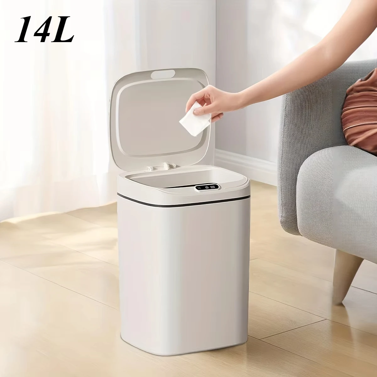 14L Quiet-Close Smart Trash Can with Induction for Switch - Electric, Rectangular Waste Bin for Kitchen & Bathroom