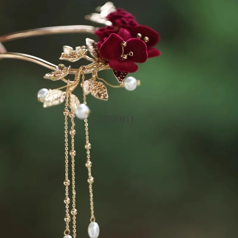 Épingle à cheveux en forme de U, coiffure Xiuhe rouge, épingle à cheveux en forme de disque de mariée classique chinois