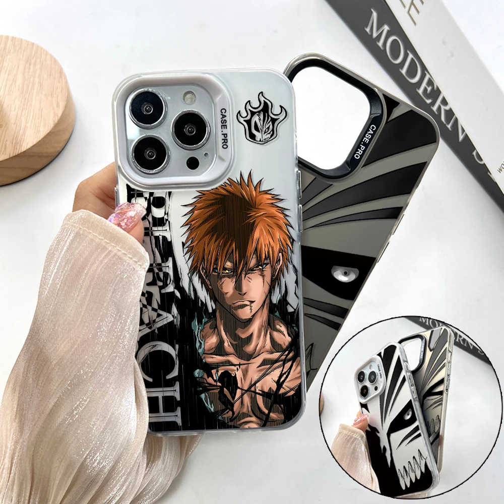 Phone Case Anime Bleach Ichigo For IPhone 13 12 11 15 14 Pro Max Plus Lens Creative Border Silver Plated Inside Hard TPU Cover