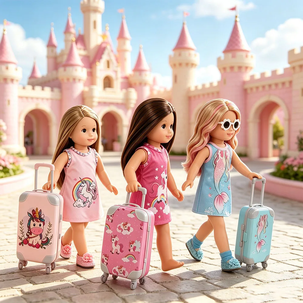 Bright Holiday Travel Doll Suitcase & Dress Outfit Set Fit for 18 Inch & 43cm American Doll, Vacation Dress‑up Accessories Girls