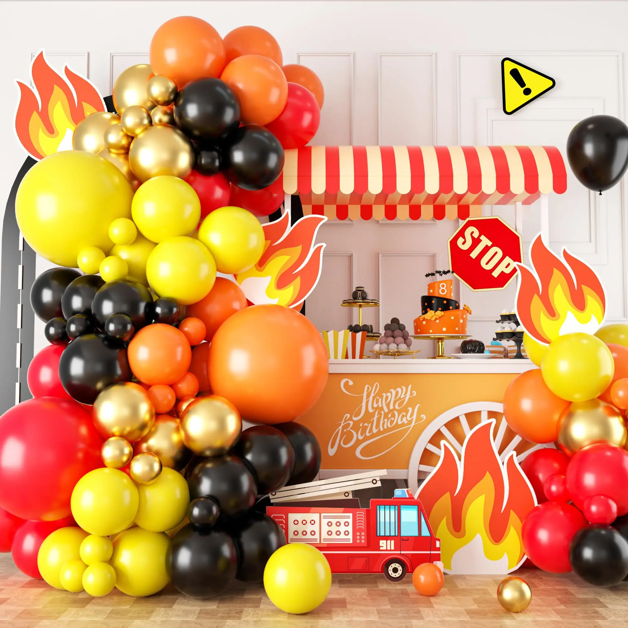 Balloon Garland Arch for Boys Birthday, Fire Truck Theme Party Decoration, Baby Shower Decor, Yellow, Orange, Black, 111Pcs