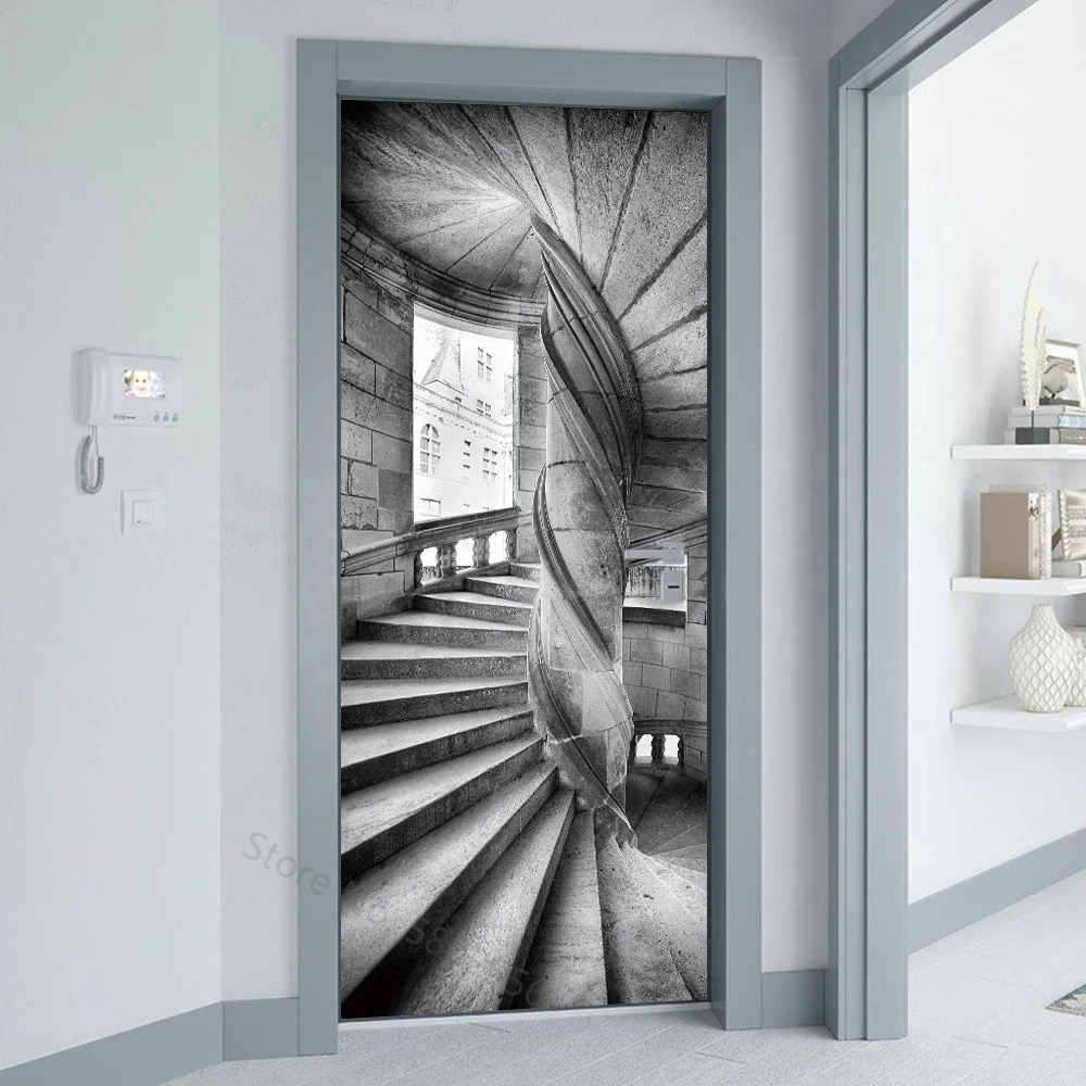 3D Door Stickers Gray Spiral Staircase Building Wall Art Mural Wallpaper Adhesive Whole Door Wrap Cover for Room Home Renovation