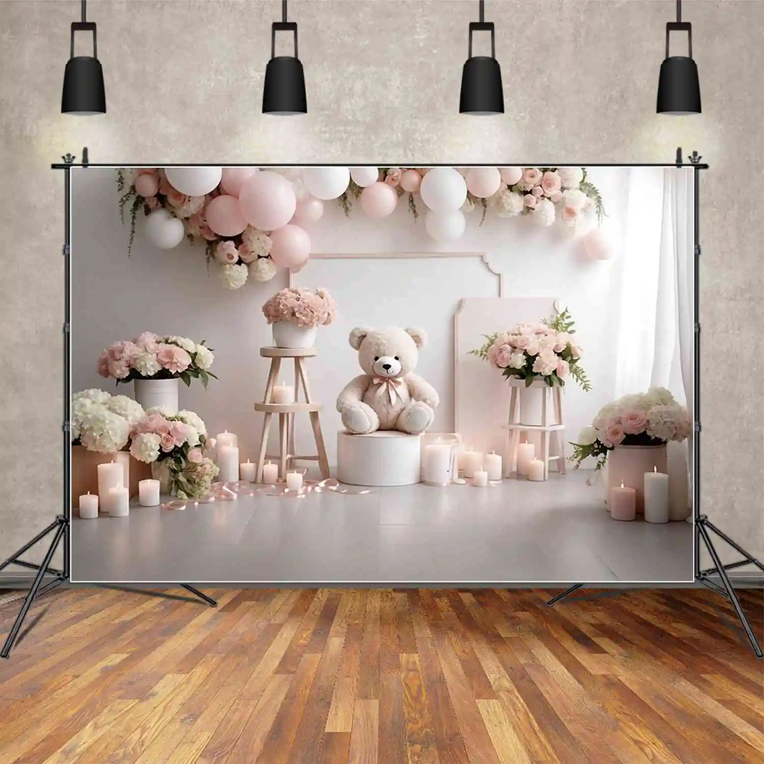 MOON.QG Teddy Bear Flower One Birthday fondali bambini ghirlanda palloncino floreale sfondo decorazione per feste forniture per fotochiamate
