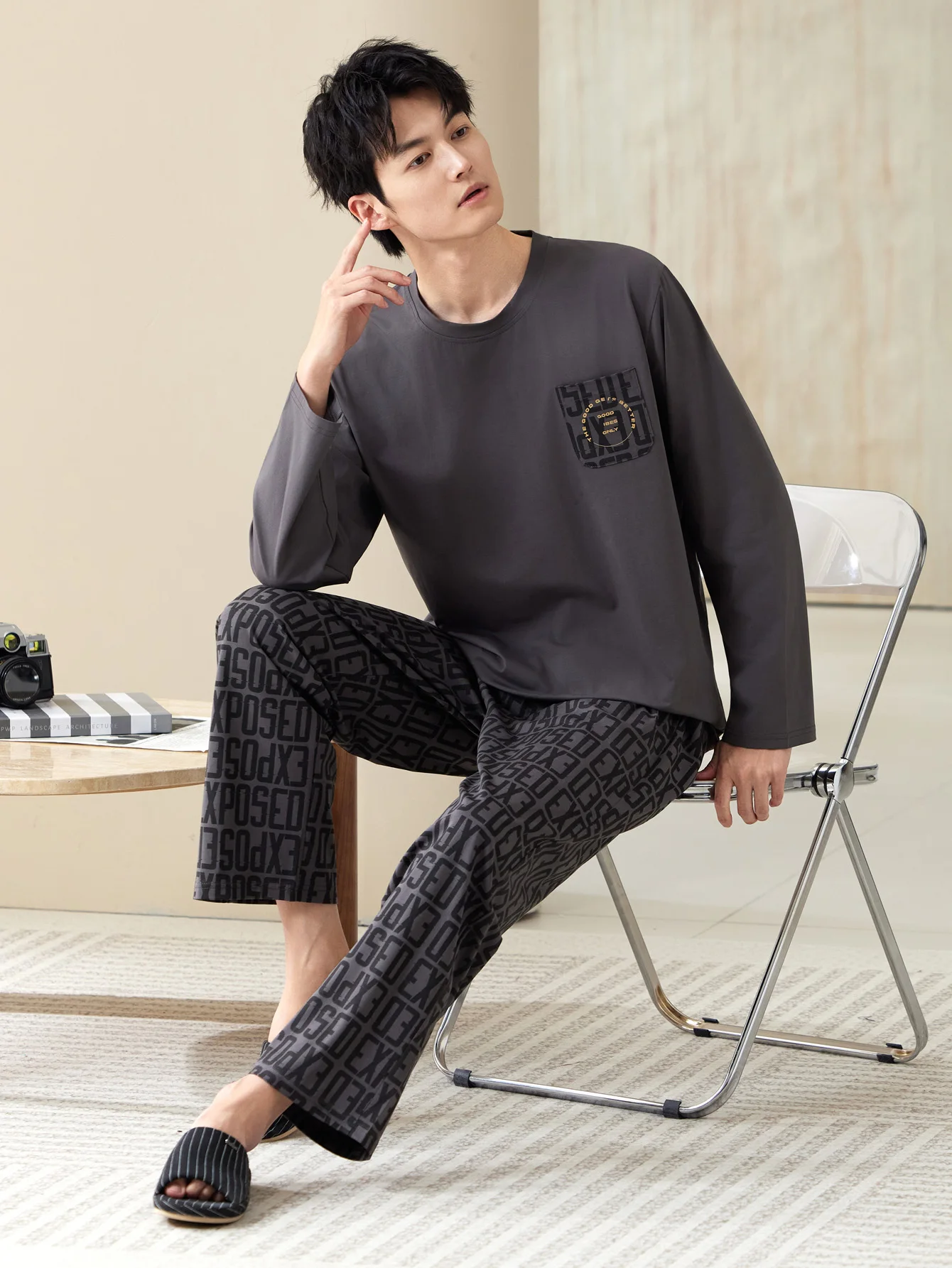 Męska piżama z długim rękawem, wykonana w 100% z bawełny, na cztery pory roku, w dużych rozmiarach, młodzieżowy komplet domowy z czystej bawełny zapewniający ciepło.