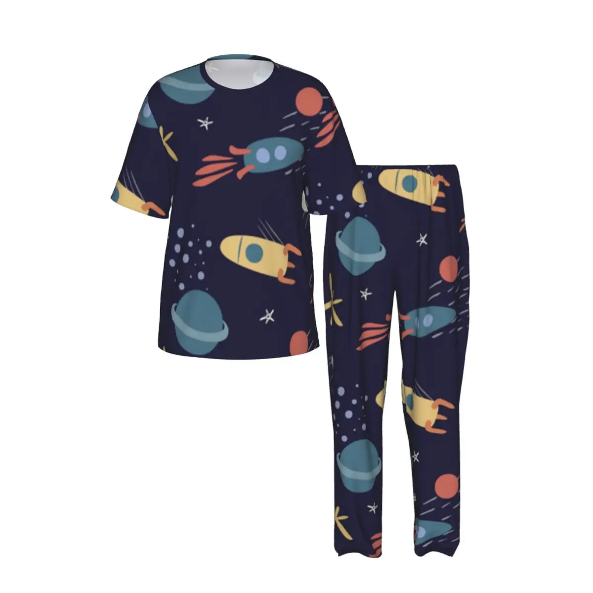 Men's short-sleeved pajamas two-piece trousers Space Stars Planets And Rockets home wear suit sleepwear