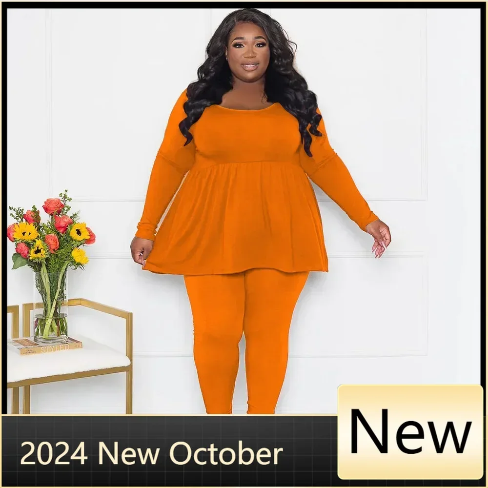 Fashion Plus Size Women's Set Long Sleeve Flare O-neck T-shirt and Pants 2024 Street Two 2 Piece Sets Outfit Tracksuit