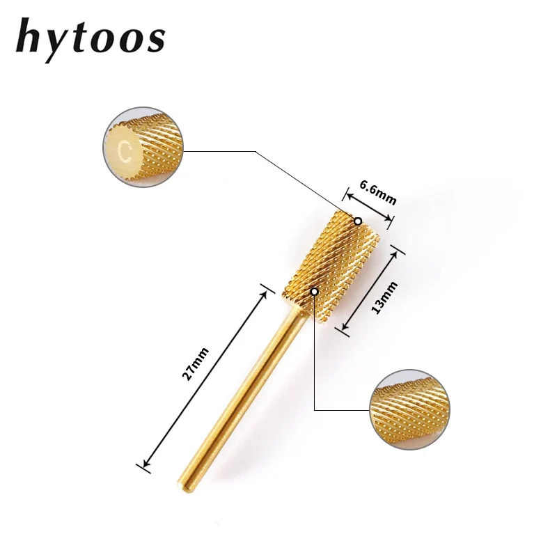 HYTOOS Gold Large Barrel Carbide Nail Drill Bits 3/32 Manicure Burr Remove Gel Electric Machine Drills Accessories Supplier