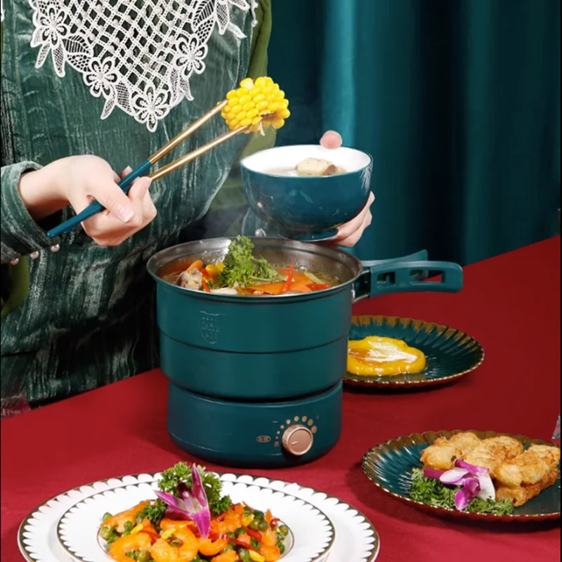 وعاء الطبخ الكهربائي، وعاء ساخن قابل للطي، محمول متعدد الوظائف، نوع سبليت، وعاء طبخ الأرز، مقلاة للسفر المنزلي 1.6 لتر