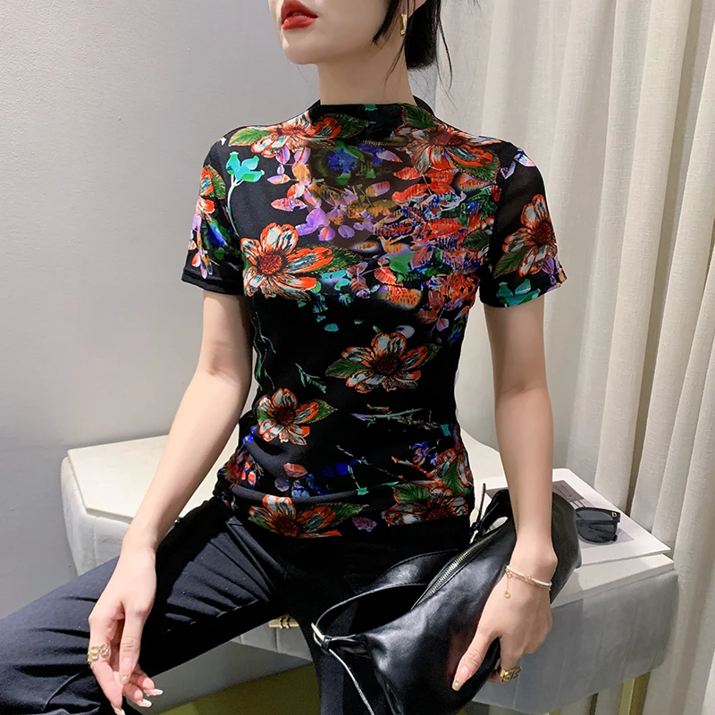 Early Autumn Mesh Tshirts Women Short Sleeve Half Turtleneck Printed Floral Tees Girls Slim Elastic T Shirts Tops BH3878