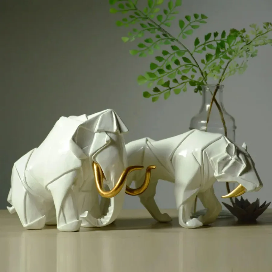 Creative Resin Origami Mammoth Saber Tooth Tiger Animal Decoration Home Living Room Desktop Ornament Modern Office Desk Gift