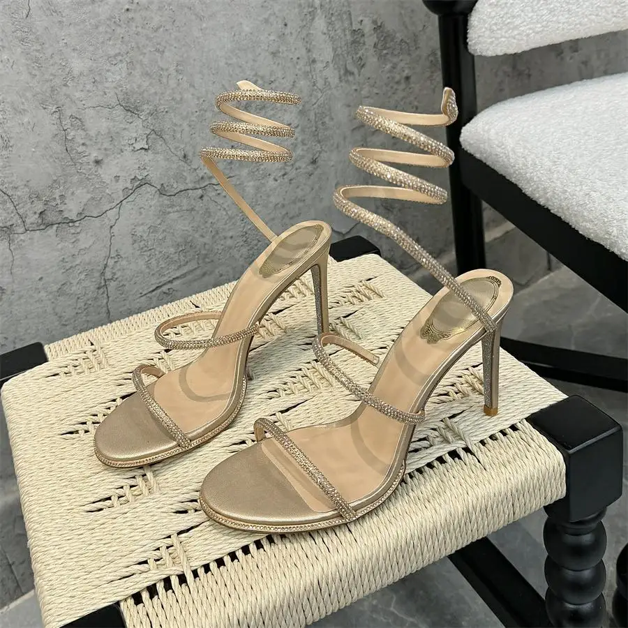 

Summer Shinny Gold High Heels Sandals Woman Rhinestone Ankle Snake Strap Party Prom Shoes Silver Sole Crystal Wedding Shoes
