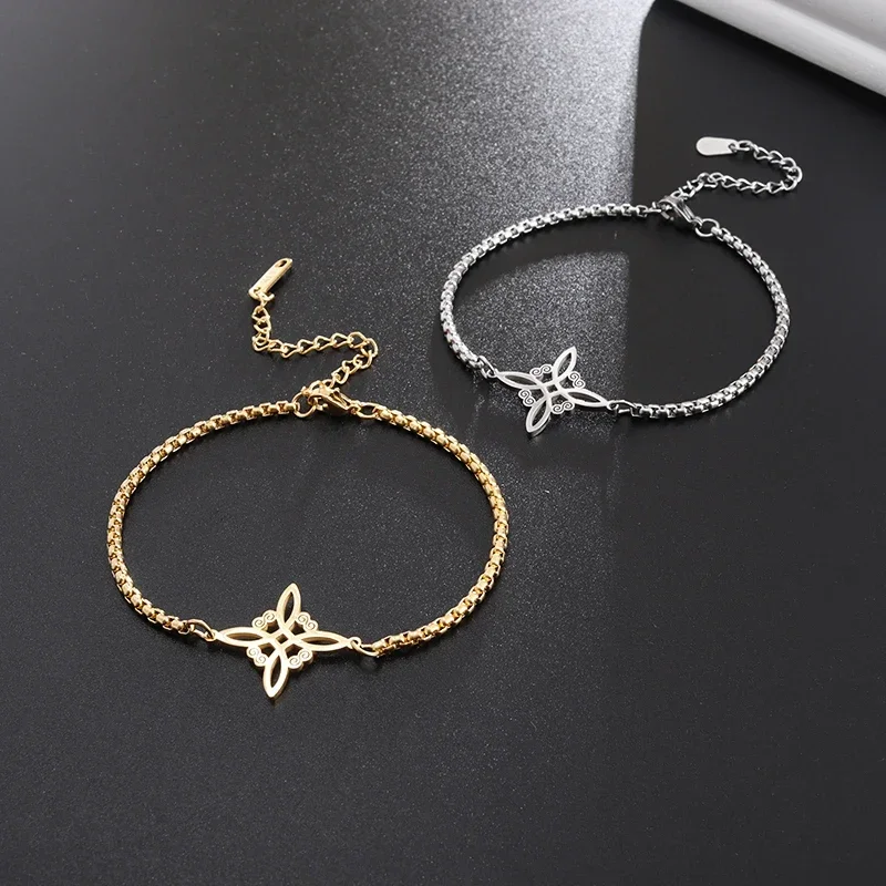 Pulsera de nudo de bruja de acero inoxidable con nudo celta, símbolos de bruja, pulsera en capas, pulsera ajustable con dijes para hombres, mujeres y niñas