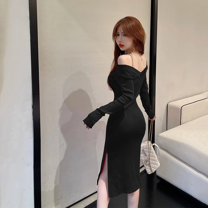 ภาษาฝรั่งเศสคําเซ็กซี่ Strapless คอชุดฤดูใบไม้ร่วงและฤดูหนาวผู้หญิงถักชุดคุณภาพสูงการออกแบบที่ไม่ซ้ํากัน Slim Temperament ชุด