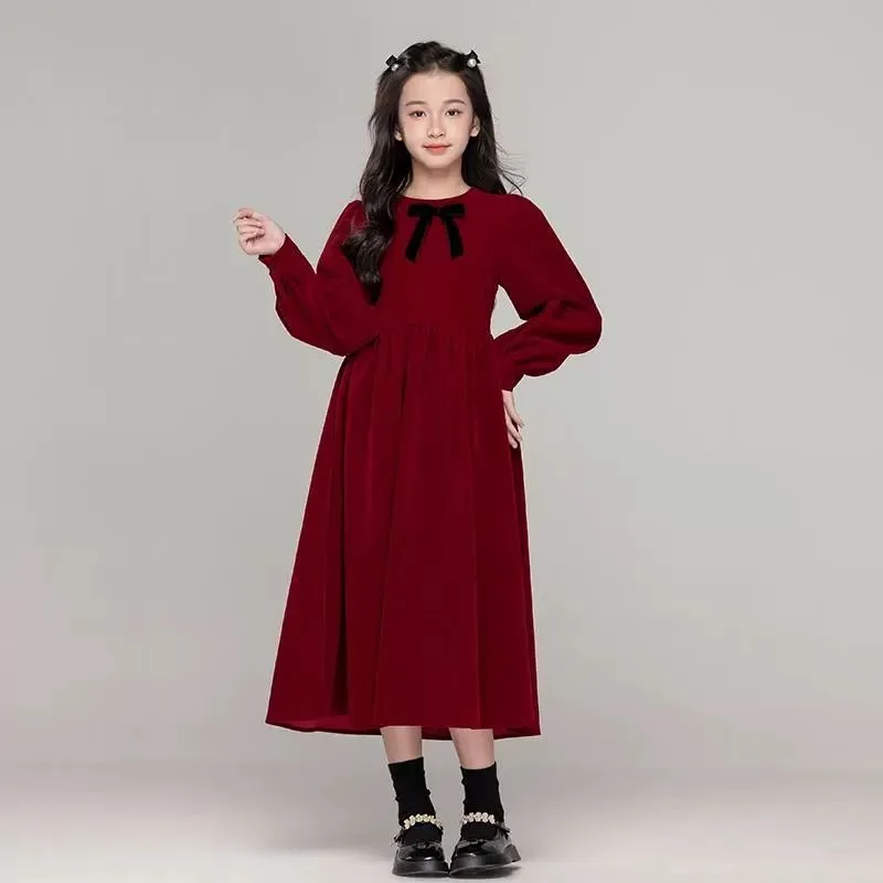 Girls' Autumn/Winter Fleece-lined Red New Year's Princess Mid-Length Dress - 4-12 Years Old
