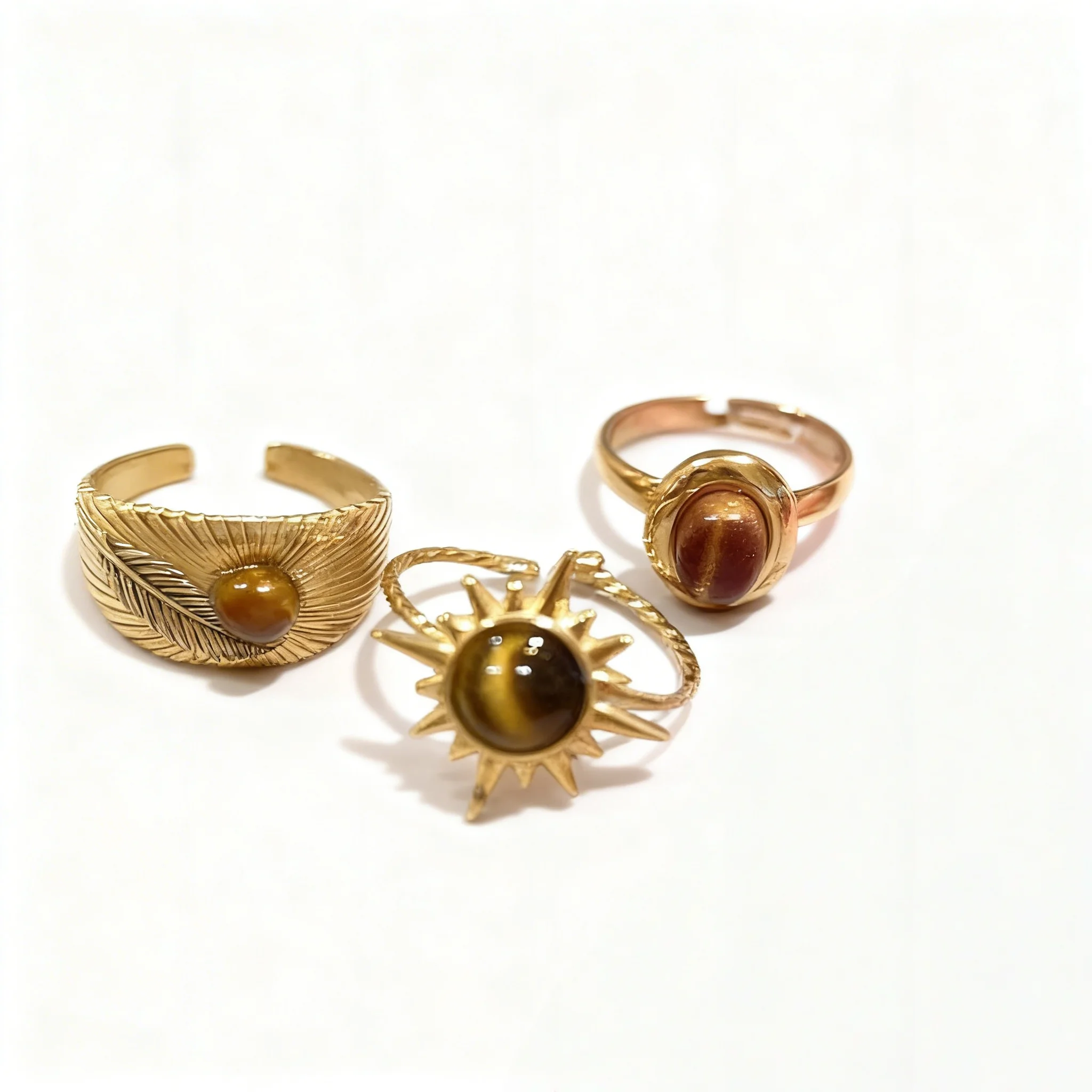 مجموعة خواتم نسائية مكونة من ثلاث قطع على الطراز البوهيمي تتميز بأحجار عين النمر الذهبية الفاخرة بتصميم قابل للتعديل #6