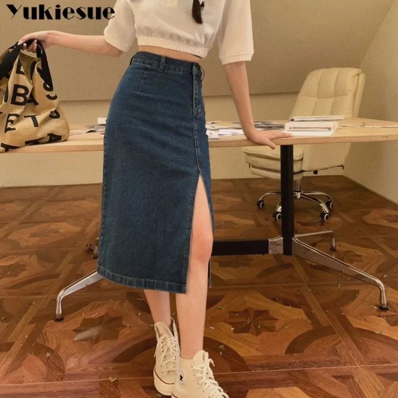 

Уличная одежда с высокой талией, джинсовая юбка с карманами и боковым разрезом, повседневная облегающая юбка-миди, летняя длинная джинсовая юбка, женская базовая повседневная юбка