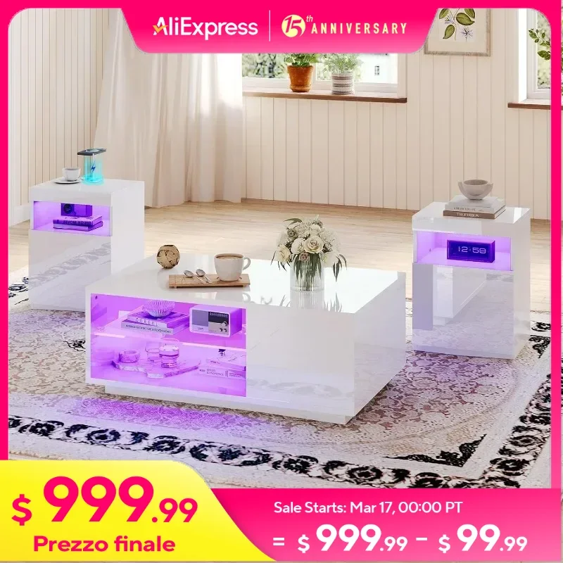 3-Piece Modern High Gloss LED Table Set, Coffee Table with 20-Color LED Lights, 2 End Tables with Wireless Charging Station