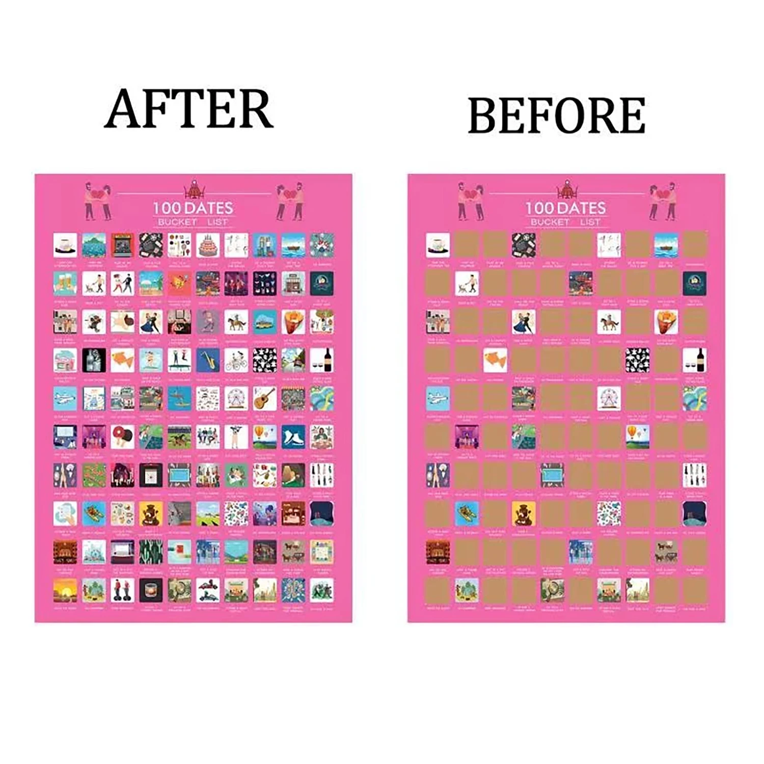 Póster rascador de 100 fechas, lista de cubos, regalo para pareja, sin marco