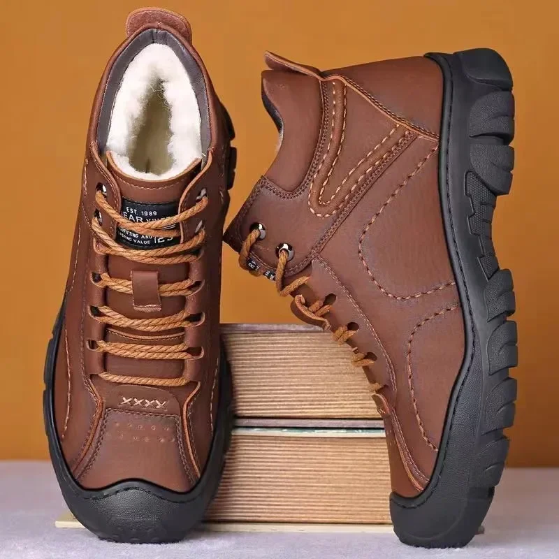 Männer Outdoor Schnee Stiefel Lace-up Baumwolle Schuhe Winter Herren Stiefel Plüsch Casual High-top Leder Schuhe 2024 männlichen Turnschuhe Neue Bota