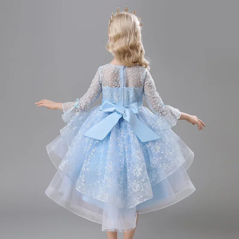 Girls' Ceremony Gala Elegant Party Vintage Dresses 4 8 to 10 12 Years Blue Puffy Long Sleeve One-piece Gown Female Child Clothes