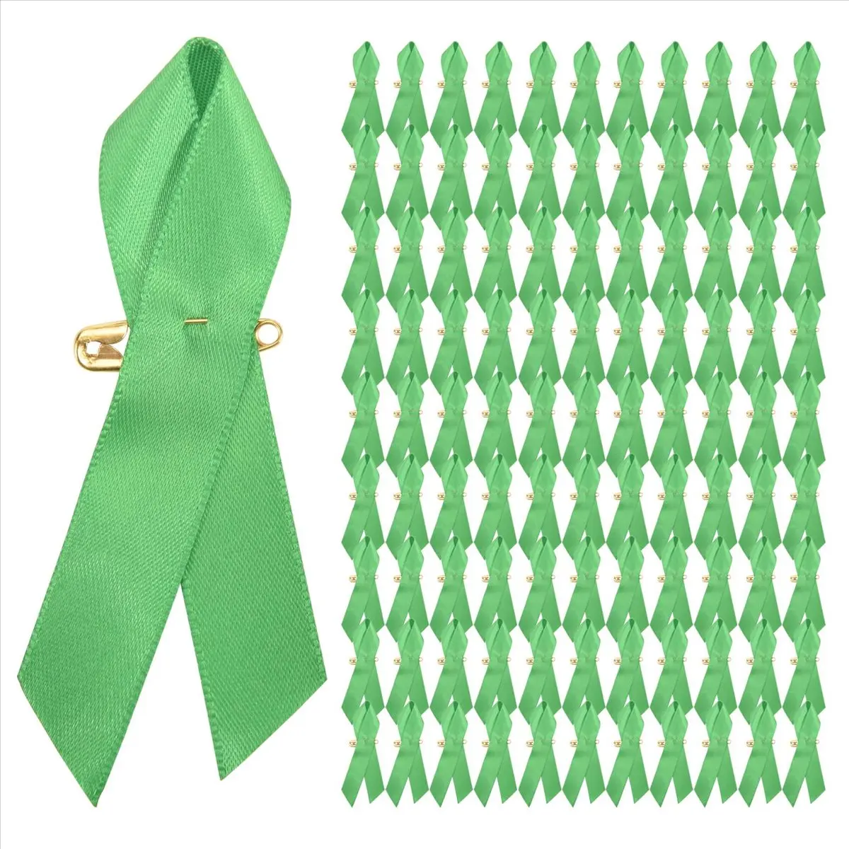 A45I 100 Pieces Awareness Ribbon Satin Ribbon Lapel Pins Fabric Ribbons with Safety Pins for Women Men (Green)