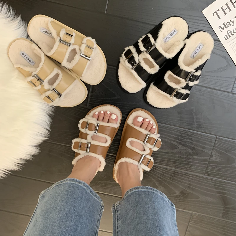 Outdoor maomao shoes that occupy the home of new fund of 2022 autumn winters is ms lamb fur buckles a leather slippers slippers