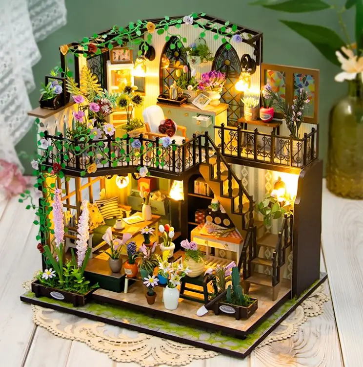 

Free Shipping Assembly DIY Wooden Doll house with Resin Miniatures Leds Gift for Children “Darcy Garden House” Toys & Hobby