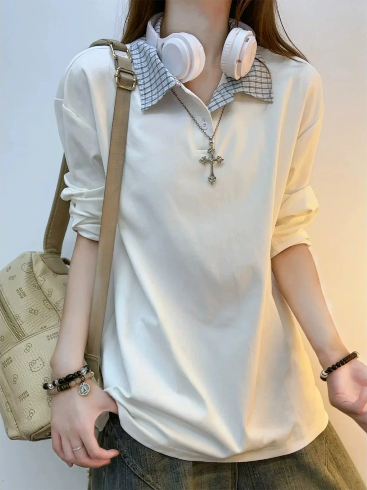 Spring Autumn Plaid Splicing  Collar Long Sleeve Men's Sweatshirt Cleanfit Shoulder High Grade T-shirt Casual Streetwear
