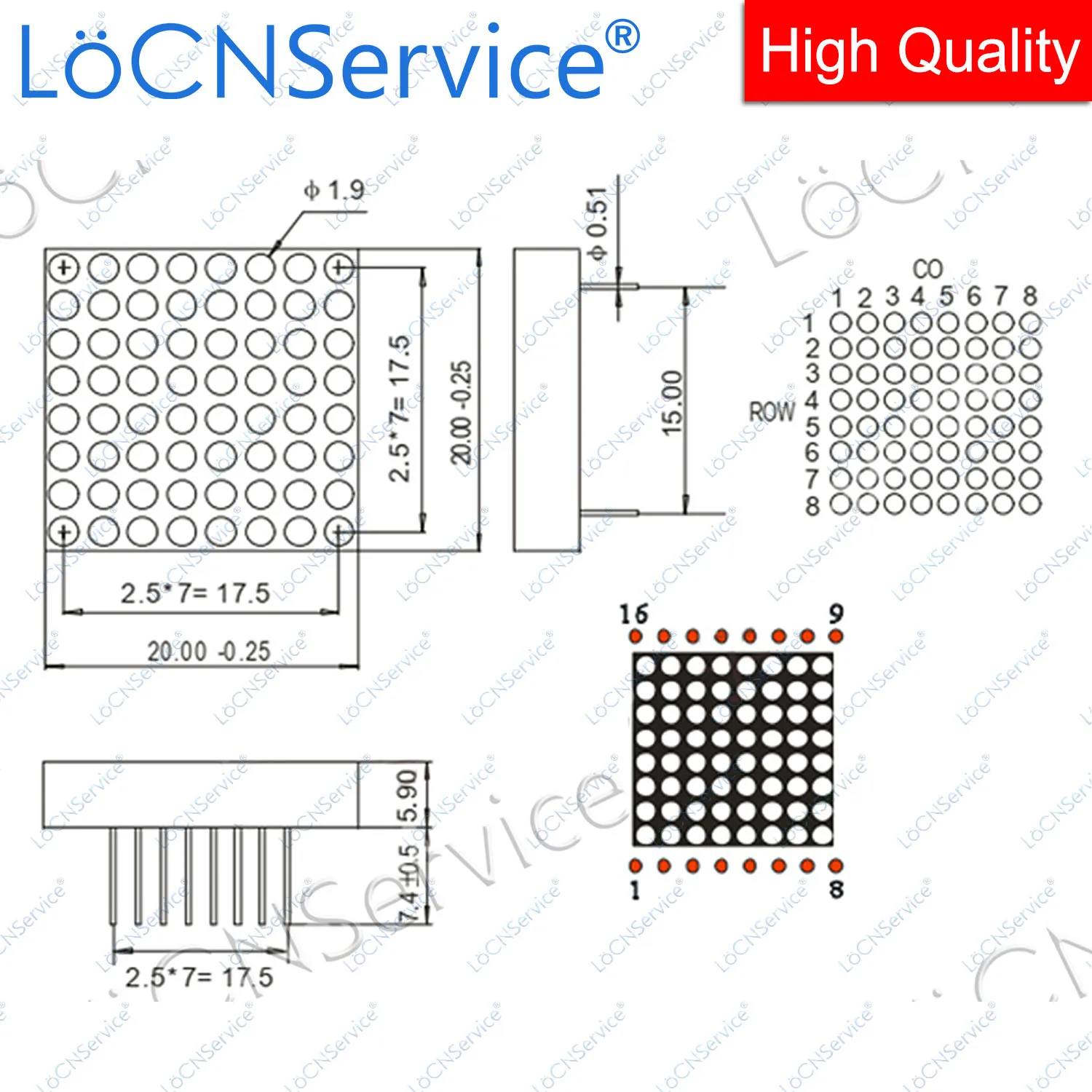 LoCNService 50PCS Pure Green Red Blue White 788 7088 8x8 1.9mm 20x20mm 788AS 788AB 788AW 788AGG Dot Matrix LED Displays 8*8