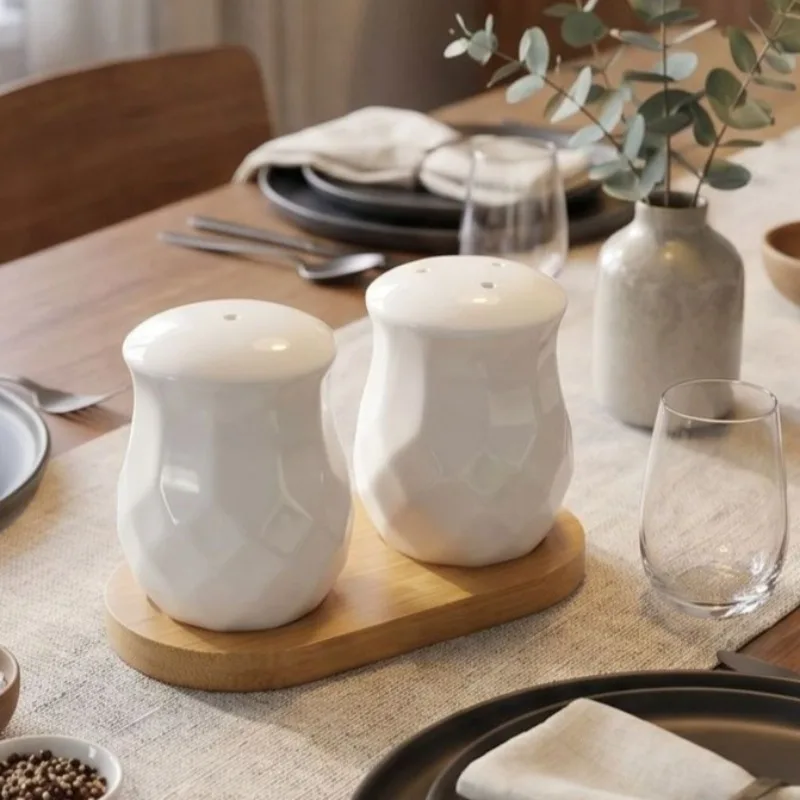 Korean creative diamond pattern pepper powder bottle set bamboo base Simple white condiment bottle Salt cumin jar Kitchenware