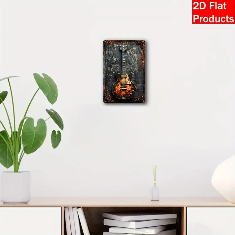 لوحة فنية جدارية معدنية على شكل جيتار ريفي مسطح عتيق ثنائي الأبعاد، لوحة حديدية مقاس 7.87 بوصة × 11.8 بوصة - ديكور منزلي/بار