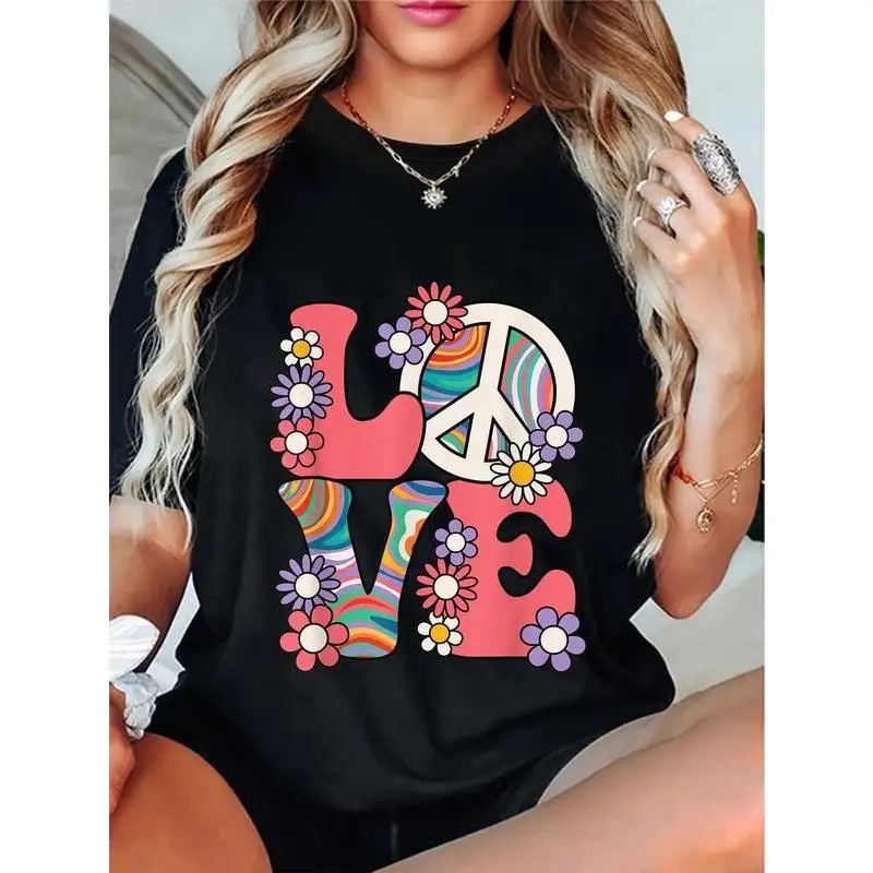 

Women's Love and Peace T-shirt Floral Graphic Tee Hippie Retro 60s 70s Vintage Style Top