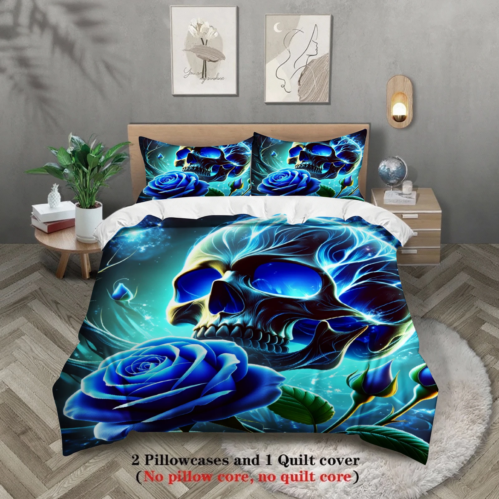 3pcs Skull And Rose Bedding Sets 3D Printed Blue Flame Skull And Rose Duvet Cover Sets With Pillowcases No Filling