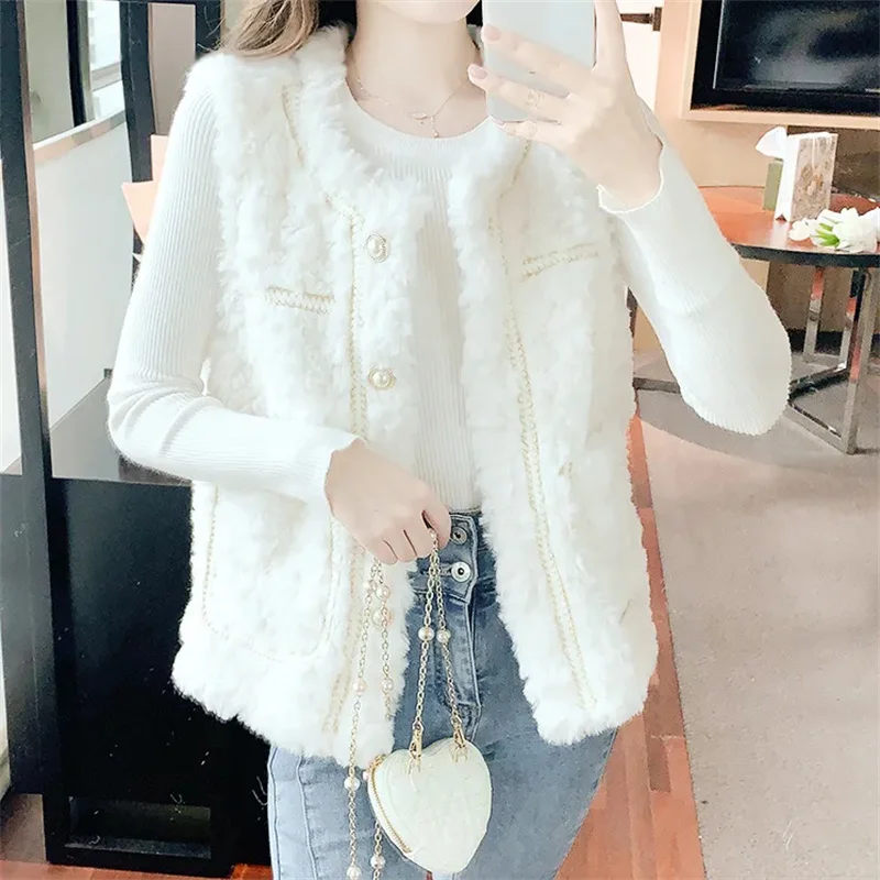 

2024 Autumn/Winter New Lamb Hair Vest For Women's Waistcoat Korean Warm Thickened Short Outerwear Coat Female Sleeveless Jacket