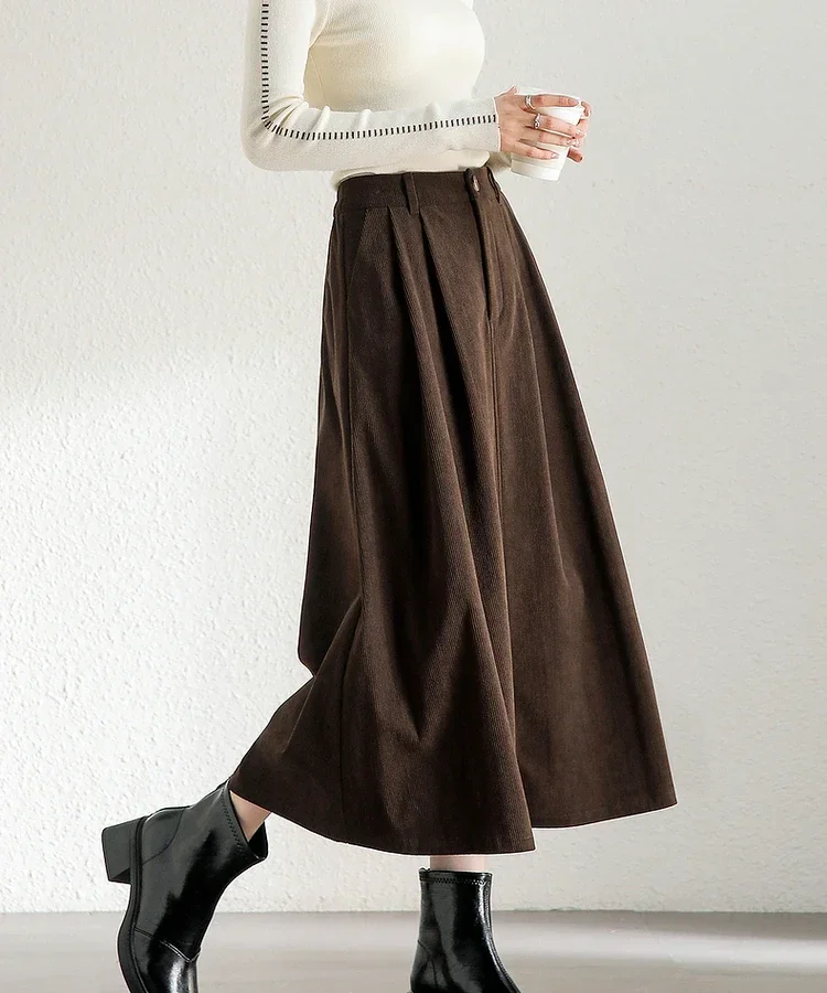 SENTUBILA A-line Corduroy Skirt for Women 2024 Winter Casual Commute Simple Folds High Waist Elegant Midi Skirt 144Q57481