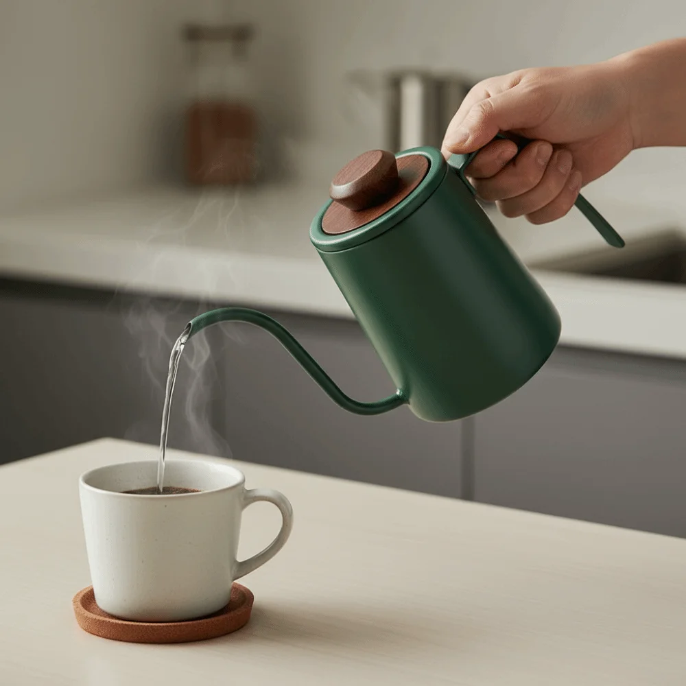 

304 Stainless Steel Goose Neck Coffee Pot 300ml Capacity Drip Spout Long Narrow Drip Carafe Comfortable Grip Wood Lid