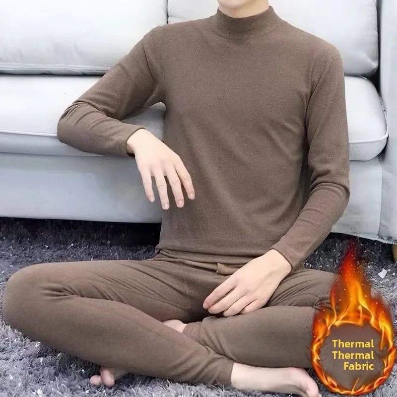Men's Thickened Half-High Collar down Thermal Underwear Set Warmth Retention Fleece Lined Slim Fit Long Sleeve Base Layer Shirt