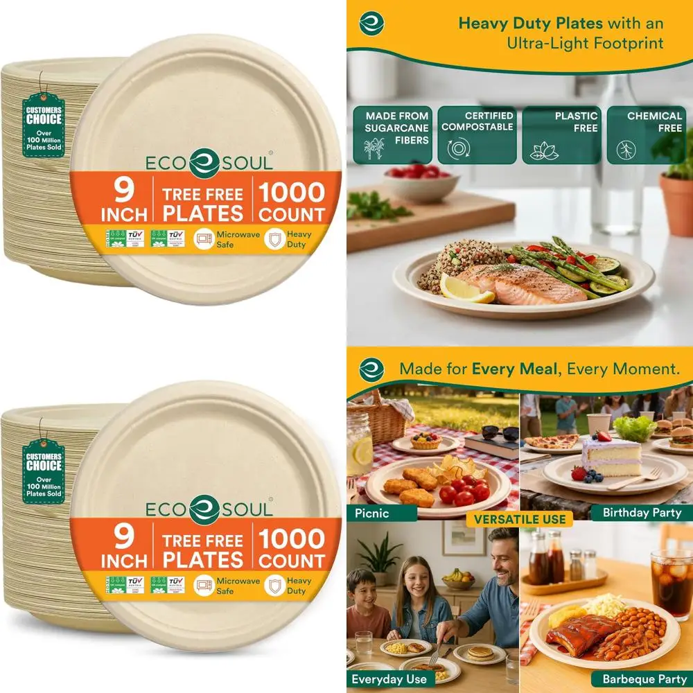 

Экологичные биоразлагаемые бумажные тарелки повышенной прочности, 9 дюймов, для вечеринок, свадеб и мероприятий (упаковка 1000 шт.)