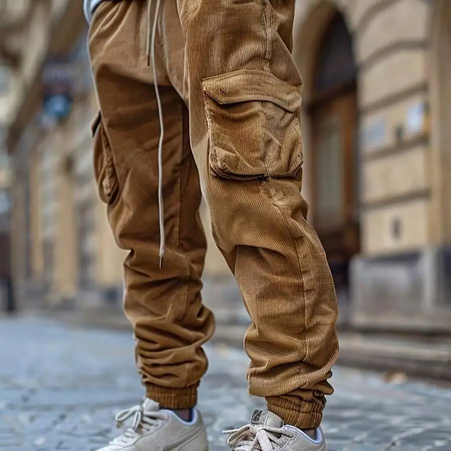 

Mens Solid Color Corduroy Cargo Trousers With Drawstring Waist, Relaxed Fit, Multiple Pockets, Comfortable Stretch Fabric