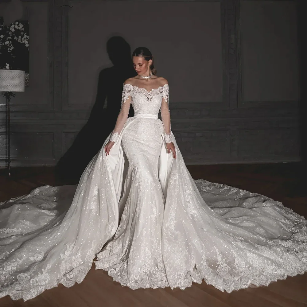 Customized Charming Boat Neck Mermaid Lace Wedding Dresses Beaded Appliques Long Sleeves Bridal Gowns with Detachable Train