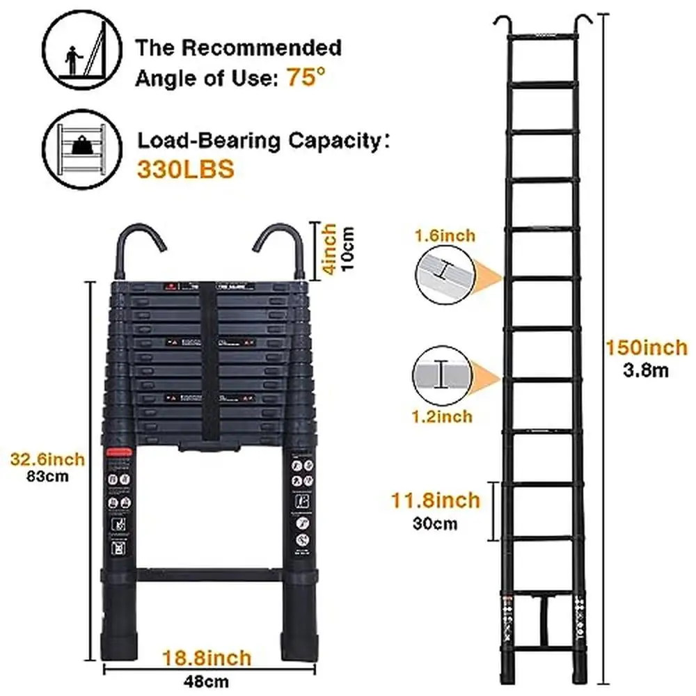 Escalera telescópica de aluminio de 12,5 pies, ligera, compacta, multiusos con 2 ganchos desmontables, extensión antideslizante, marca portátil