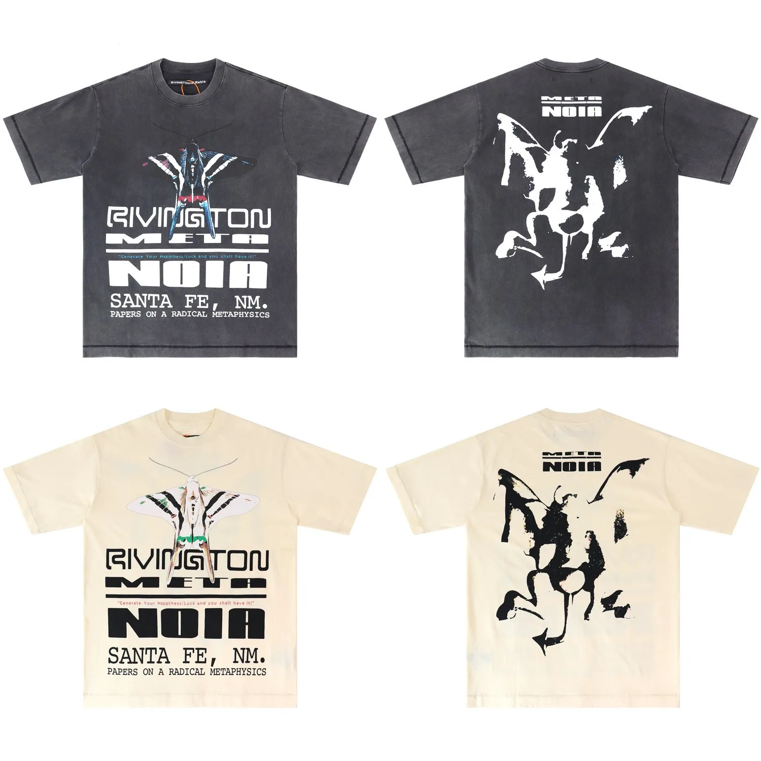 

2026 Summer New High Street Vintage Butterfly Print Washed Black T-Shirt Men Women Cotton Tees RRR-123 Short Sleeve Tops