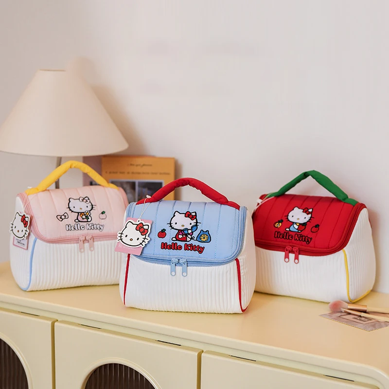 

New Sanrio Hello Kitty Makeup Bag Cute Girl Large Capacity Portable Storage Bag Travel Handheld Cosmetics Partition Storage Bag