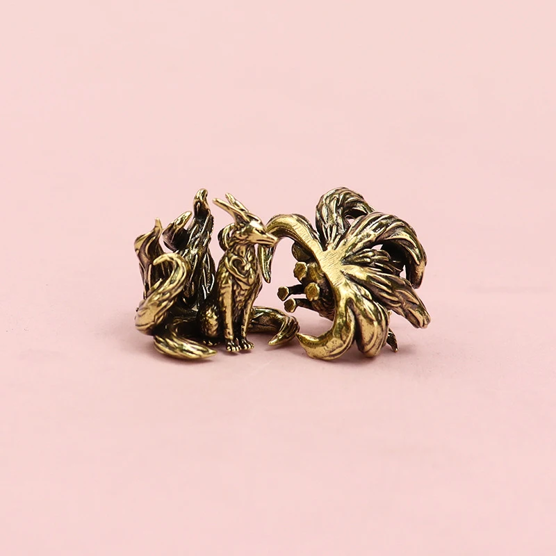 (BF06)Miniature Antique Brass Lucky Nine Tailed Fox Figurine Feng Shui Ornament Copper Animal Mini Office Desktop Home Decor