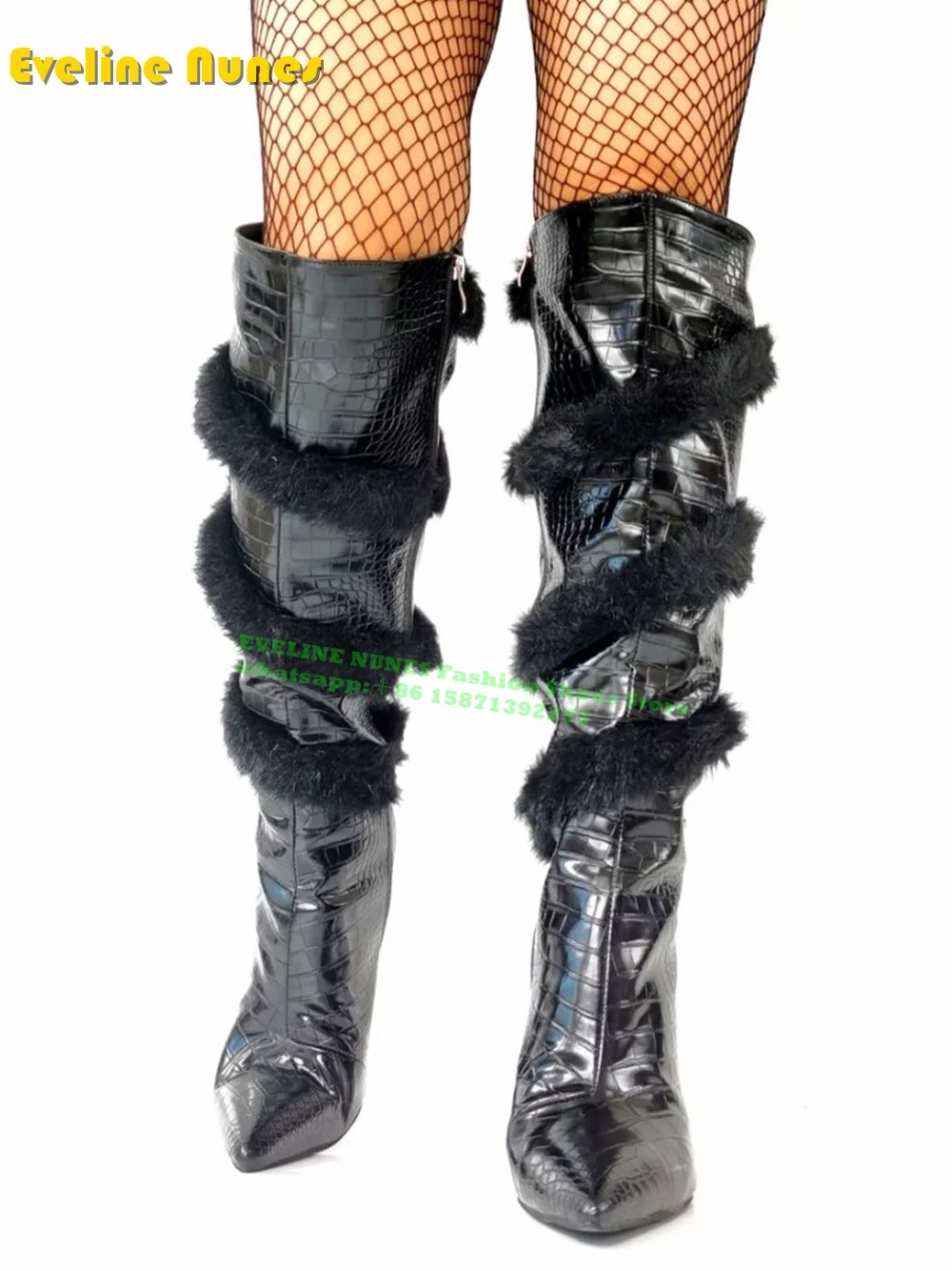Croc-Pattern Fur Snake-Strappy Black Booty Pointed Toe Thin Heel Side Zip Sexy Patchwork Women Knee High Boots 2024 Winter Trend